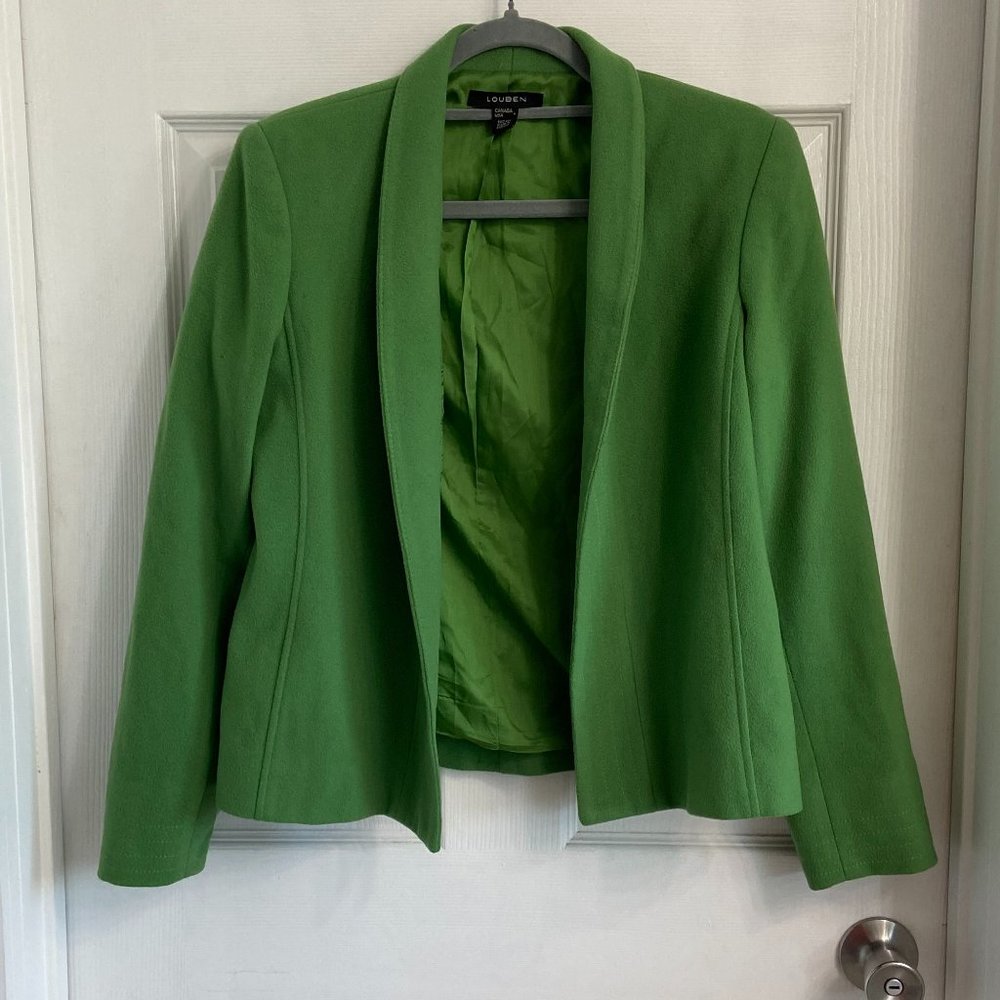 Louben Cashmere Wool Blend Open Blazer Size 4 Green Short Jacket Canadian